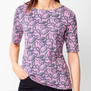 Talbots Scalloped Bateau Neck Paisley Pima Cotton Tee Pink Blue Small Petite